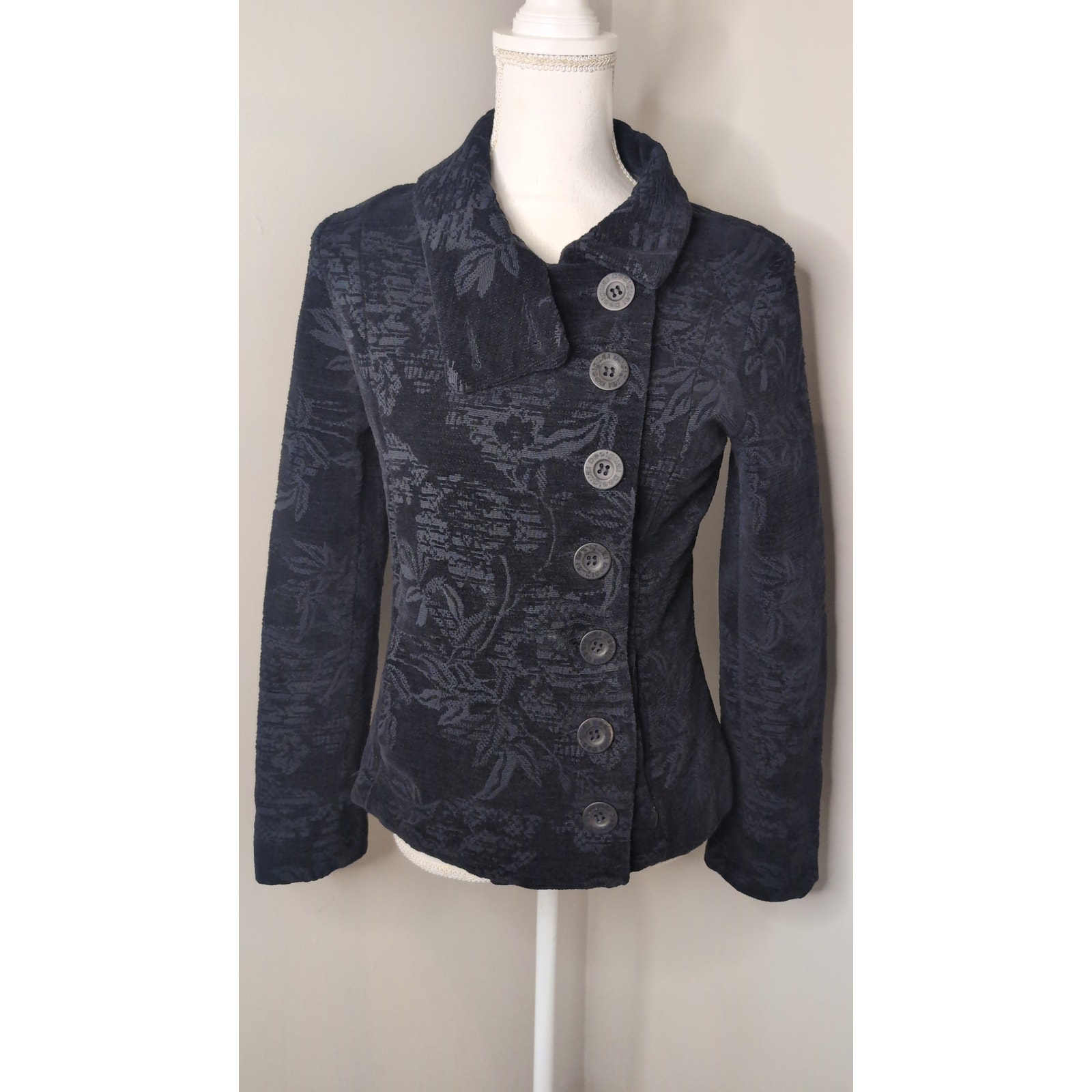 Desigual Jacquard Jacket Size 38 Black Asymmetrical Button Boho